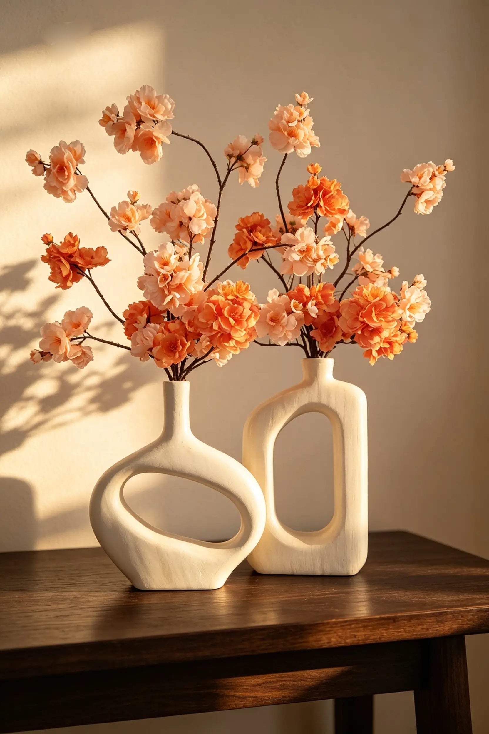 Bloom duo - Houten donutvazen met bloesemarrangement