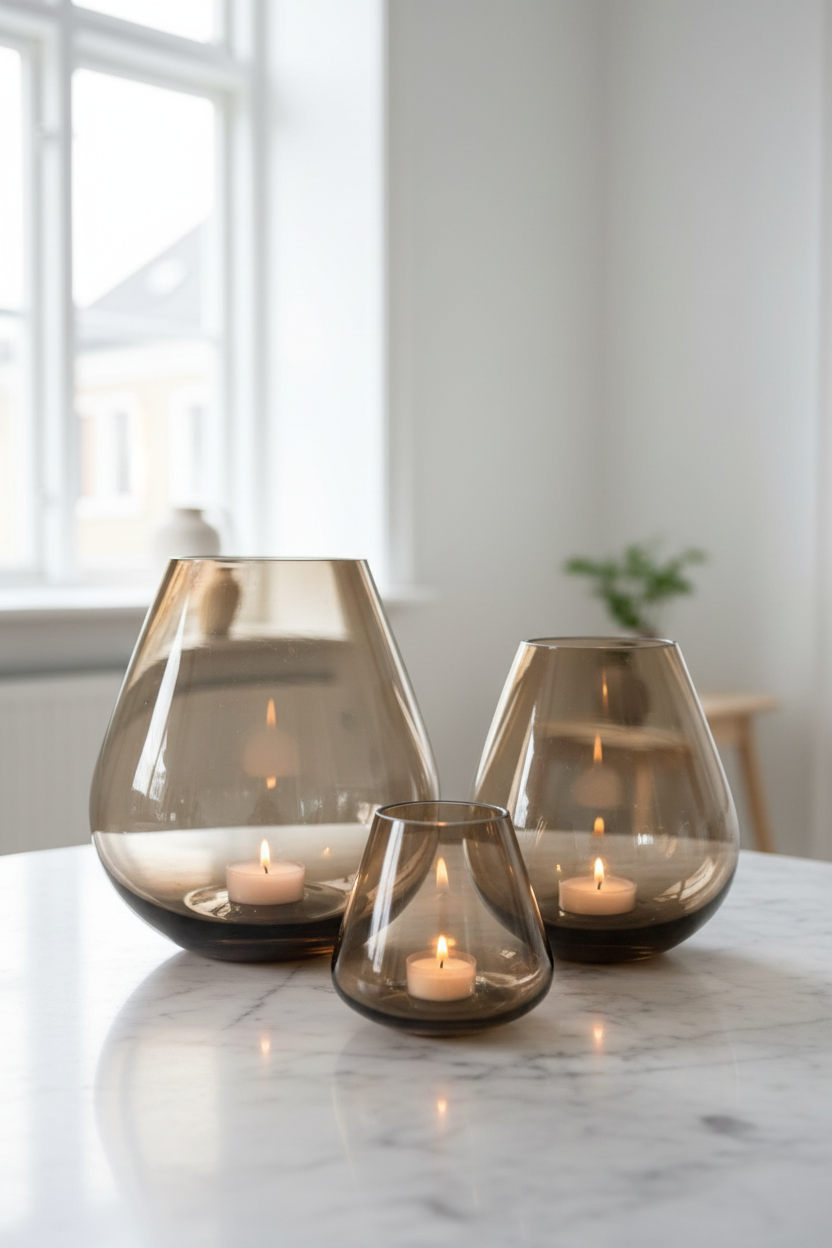 Smoky glass candle holders – new setting